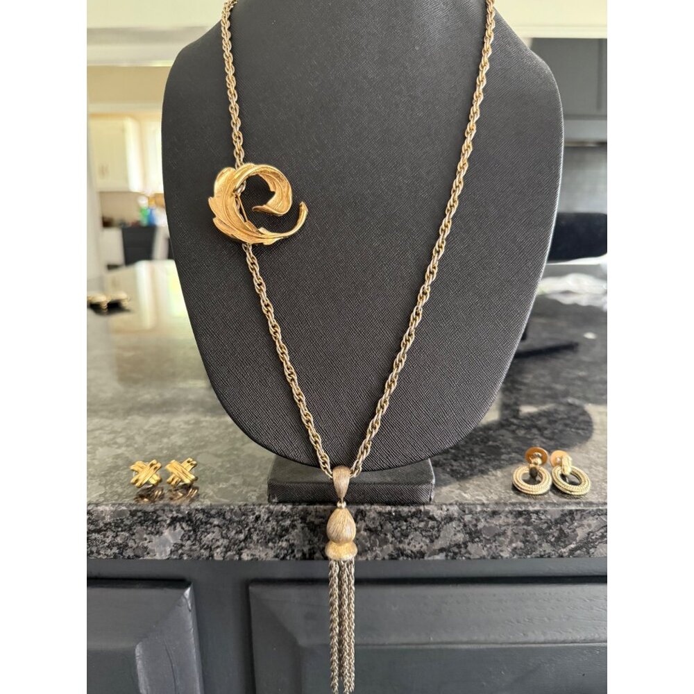 Vintage Monet Gold-Tone Jewelry Set Brooch, Tassel Necklace, & 2 sets Earrings